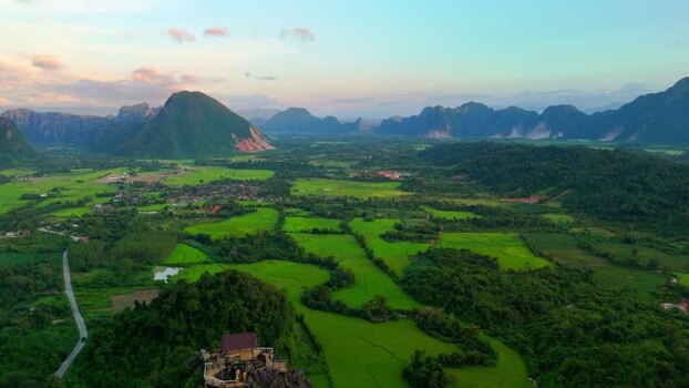 Aerial view of Nam Xay Viewpoint and karst mountains Laos.