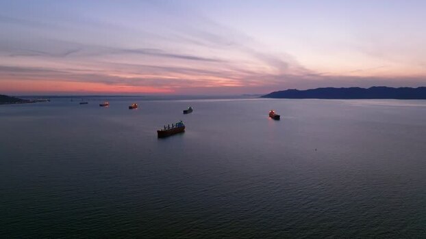 Aerial view of cargo ships on the Columbia River United States.