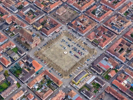 Aerial view of the perfectly symmetric fortress city with its grid like streets and central square Neuf Brisach Grand Est France.