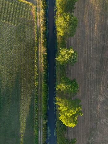 Aerial view of a narrow stream flowing through agricultural fields with green crops and harvested land lined by trees in Hasselt Flanders Belgium.
