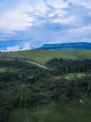 Aerial view of lush green hills rolling under a vast sky bisected by a winding road amid scattered trees Obudu Cross River Nigeria.