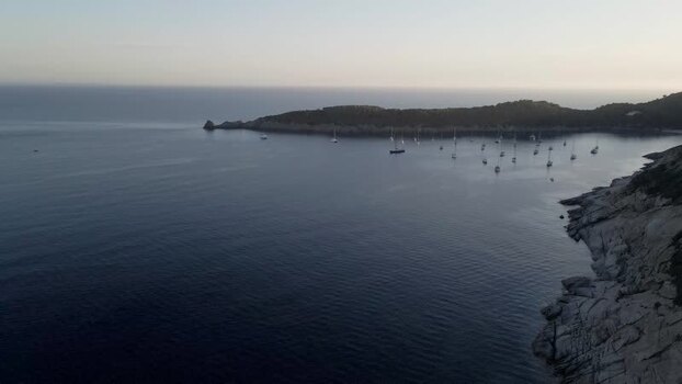 Aerial View of Lacona bay at sunset Elba Island Tuscany Italy.