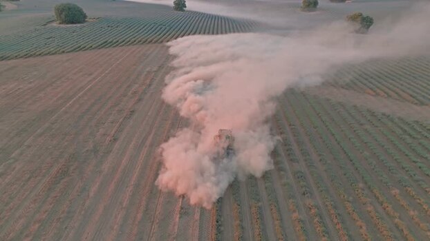 Aerial view of tractor harvesting lavender fields in Spain.