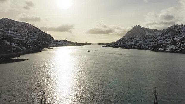 Aerial view of boat between mountains Norway.