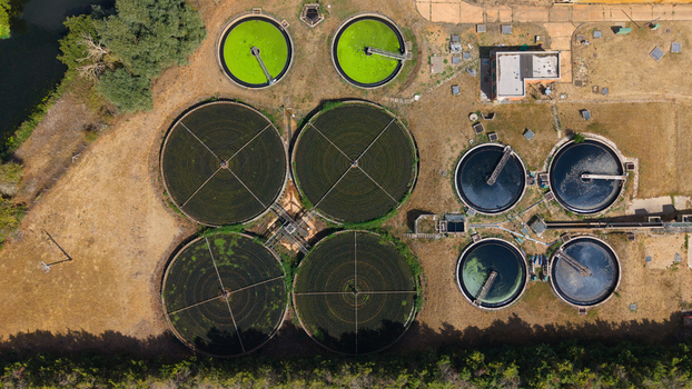 Aerial view of the wastewater treatment works in St Neots England United Kingdom. Aerial view of the wastewater treatment works in St Neots England United Kingdom.