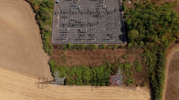 Aerial view of Eaton Socon Substation and solar farm United Kingdom.