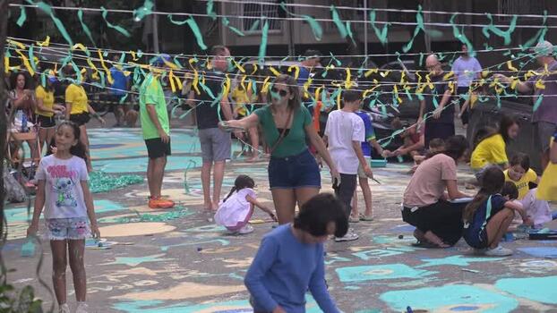 View of people decorating streets for World Cup 2026 Brazil.