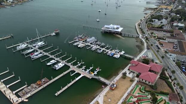 Aerial view of boats docked at a marina in St. Augustine United States. Aerial view of boats docked at a marina in St. Augustine United States.