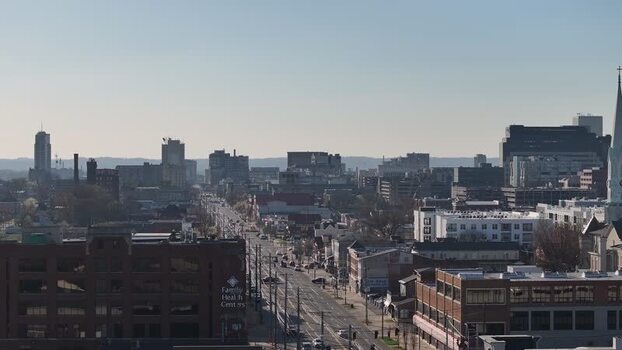 Aerial view of the urban skyline and city street United States. Aerial view of the urban skyline and city street United States.