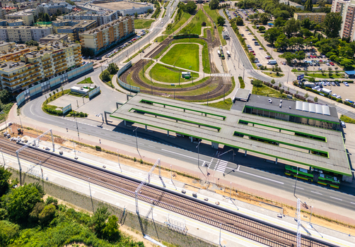 Aerial view of the Os. Sobieskiego tram and bus terminal featuring modern architecture surrounding residential blocks and transit infrastructure Poznan Greater Poland Voivod Poland.