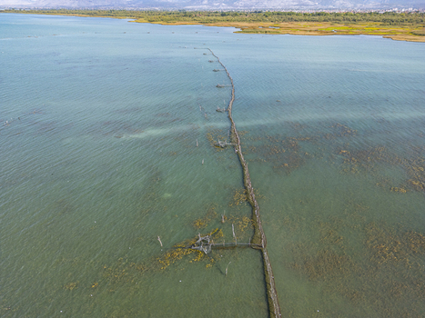 Aerial view of Shkodra Lake featuring a traditional fishing structure extending into the clear water with distant shoreline in Shiroka Shkoder County Albania. Aerial view of Shkodra Lake featuring a traditional fishing structure extending into the clear water with distant shoreline in Shiroka Shkoder County Albania.