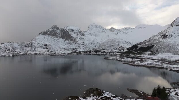 Aerial view of Lofoten mountains and fjord in Norway.