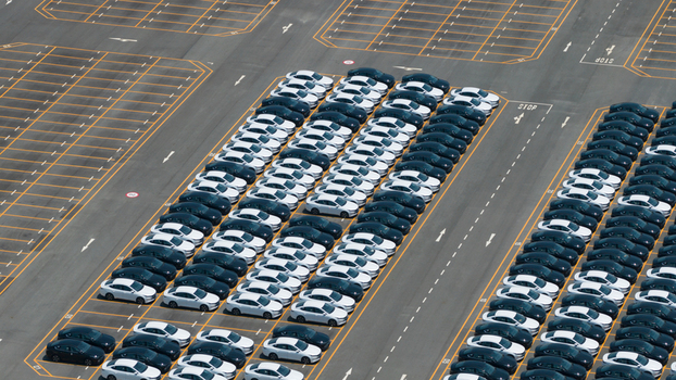 Aerial view of rows of new electric vehicles at the BYD AUTO THAILAND CO. LTD. facility in Phananikhom Rayong Thailand.