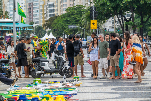Rio de Janeiro Brazil 13 June 2026 View of crowds walking along the Copacabana sidewalk with street vendors selling Brazilian flags and merchandise during the World Cup 2026.