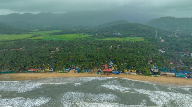 Aerial view of Palolem Beach with lush palm trees coastal buildings and rolling hills under a cloudy sky in Canacona Goa India.