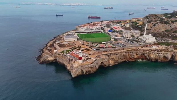 Aerial view of Europa Point lighthouse and stadium in Gibraltar.