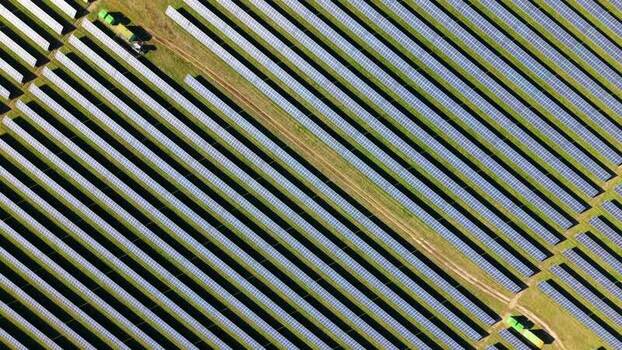 Aerial view of solar panels in rows United Kingdom.