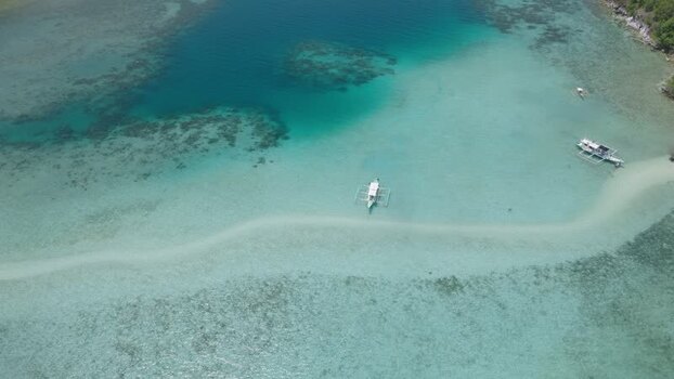 Aerial view of boats in turquoise waters of El Nido Philippines.