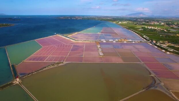 Aerial view of Trapani Salt Pans in Sicily Italy.