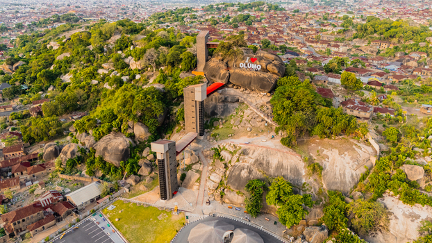 Aerial view of the iconic Olumo Rock where nature s artistry meets human endeavor standing as a testament to time and tradition Abeokuta Nigeria. Aerial view of the iconic Olumo Rock where nature s artistry meets human endeavor standing as a testament to time and tradition Abeokuta Nigeria.