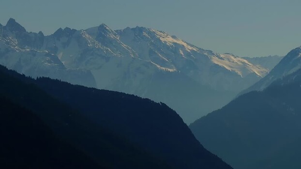 Aerial view of snow capped mountain peaks in Tyrol Austria.