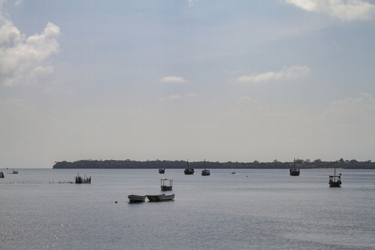 View of Tiwi Beach with traditional wooden boats anchored in the calm waters near the distant coastline under a bright sky Tiwi Wilaya ya Kwale Kenya. View of Tiwi Beach with traditional wooden boats anchored in the calm waters near the distant coastline under a bright sky Tiwi Wilaya ya Kwale Kenya.