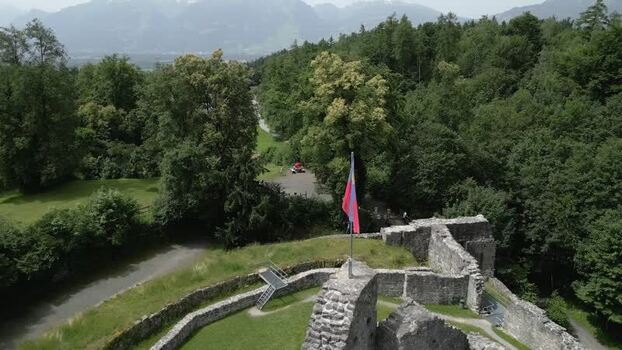 Aerial view of historic castle ruins in Liechtenstein.