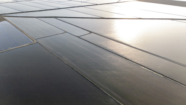 Aerial view of flooded rice paddies at Isla Minima with sunlight reflecting on the water surface and geometric dikes Sevilla Andalucia Spain. Aerial view of flooded rice paddies at Isla Minima with sunlight reflecting on the water surface and geometric dikes Sevilla Andalucia Spain.