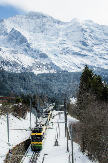View of a train winding through a snow covered landscape with towering snow capped mountains in the background a scene of crisp air and serene beauty Wengen Switzerland. View of a train winding through a snow covered landscape with towering snow capped mountains in the background a scene of crisp air and serene beauty Wengen Switzerland.