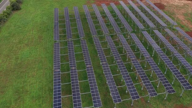 Aerial view of solar panels in Terrasini Italy.