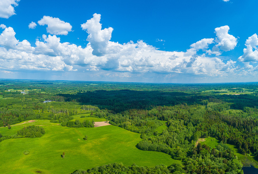 Aerial view of lush green meadows and dense forests under a bright blue sky with fluffy white clouds in Latvia. Aerial view of lush green meadows and dense forests under a bright blue sky with fluffy white clouds in Latvia.