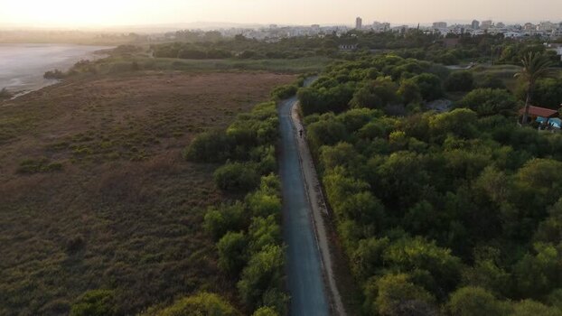 Aerial view of Larnaca Salt Lake and road in Cyprus.
