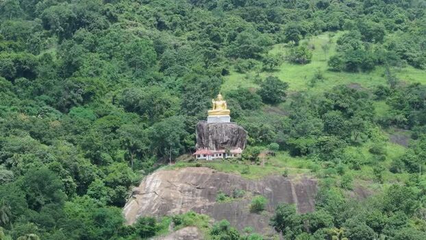 Aerial view of golden Buddha statue on rock in Kandy Sri Lanka.