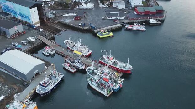 Aerial view of boats at the dock in Ballstad Norway.