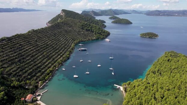 Aerial view of islands and boats Elaphiti islands Dalmatian Coast Croatia.