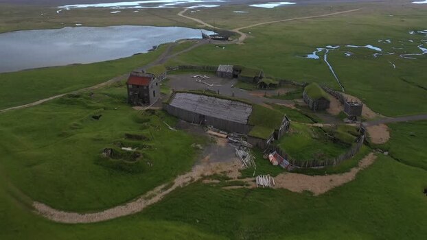 Aerial view of Viking village at Stokksnes Iceland.