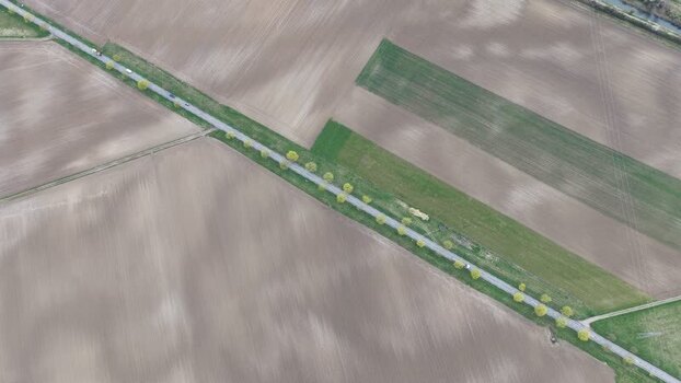 Aerial view of tree lined road France.