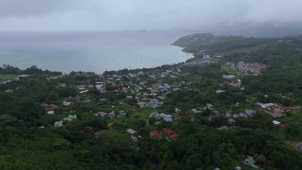Aerial view of coastal town on Mahe island Seychelles.
