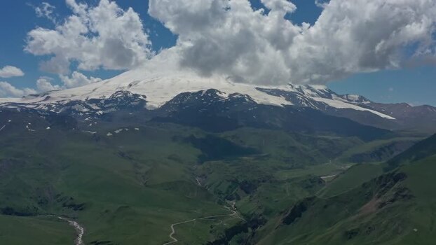 Aerial view of Mount Elbrus in the Caucasus Mountains Russia.