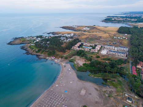 Aerial view of Arapya beach with resort buildings sandy coastline and calm sea in Burgas Bulgaria. Aerial view of Arapya beach with resort buildings sandy coastline and calm sea in Burgas Bulgaria.