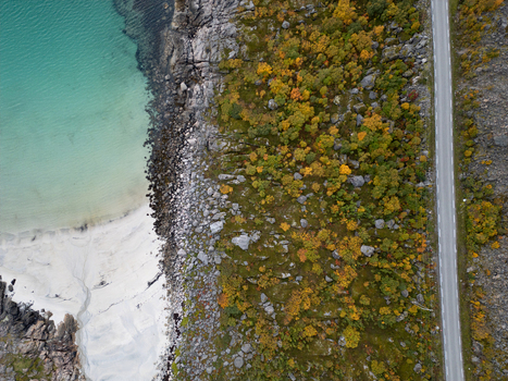 Aerial view of Rorvikstranda beach featuring turquoise water white sand and autumn foliage along a coastal road in Henningsvaer Nordland Norway.