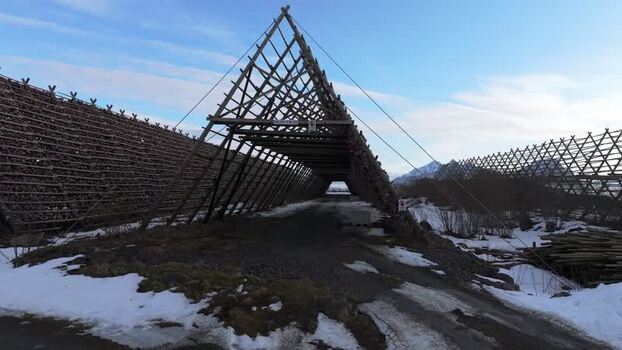 Aerial view of fish drying racks in Lofoten Norway.
