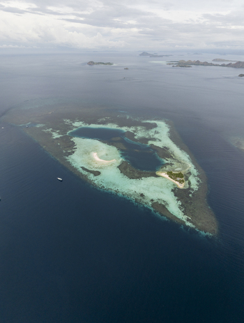 Aerial view of Flores featuring a small island surrounded by vibrant turquoise coral reefs and deep blue sea under a cloudy sky East Nusa Tenggara Indonesia.