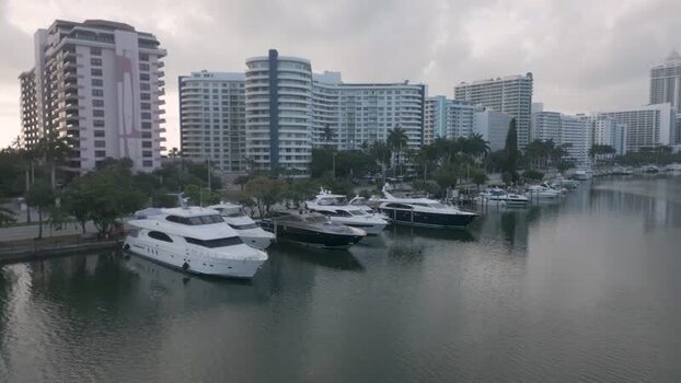 Aerial view of yachts at Miami Beach marina United States.