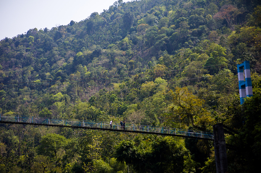 Meghalaya India 31 March 2023 View of a suspension bridge crossing a lush forested mountain valley in Meghalaya India with people walking across the structure. Meghalaya India 31 March 2023 View of a suspension bridge crossing a lush forested mountain valley in Meghalaya India with people walking across the structure.