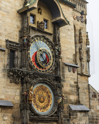 Prague Czechia 25 November 2022 View of the Prague Astronomical Clock with its intricate medieval dials and ornate statues on the Old Town Hall facade.