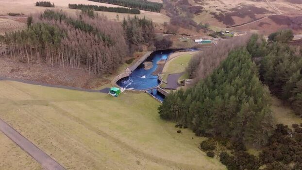Aerial view of Whiteadder Reservoir dam and spillway United Kingdom. Aerial view of Whiteadder Reservoir dam and spillway United Kingdom.