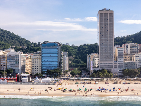 Rio de Janeiro Brazil 13 June 2026 Aerial view of the World Cup 2026 event structures on the beach with people on the sand and high rise buildings in the background.
