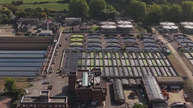 Aerial view of water treatment plant in Maple Cross United Kingdom.