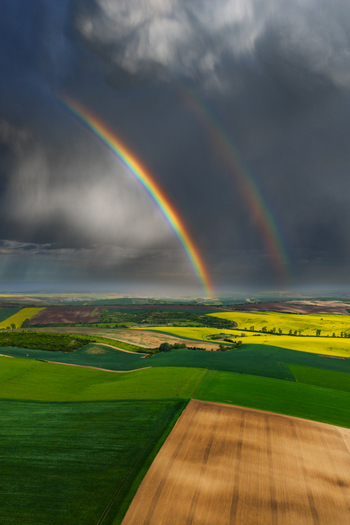 Aerial view of vibrant agricultural fields with yellow rapeseed and green crops under a dramatic stormy sky featuring a double rainbow in Nasedlovice South Moravian Region Czechia.
